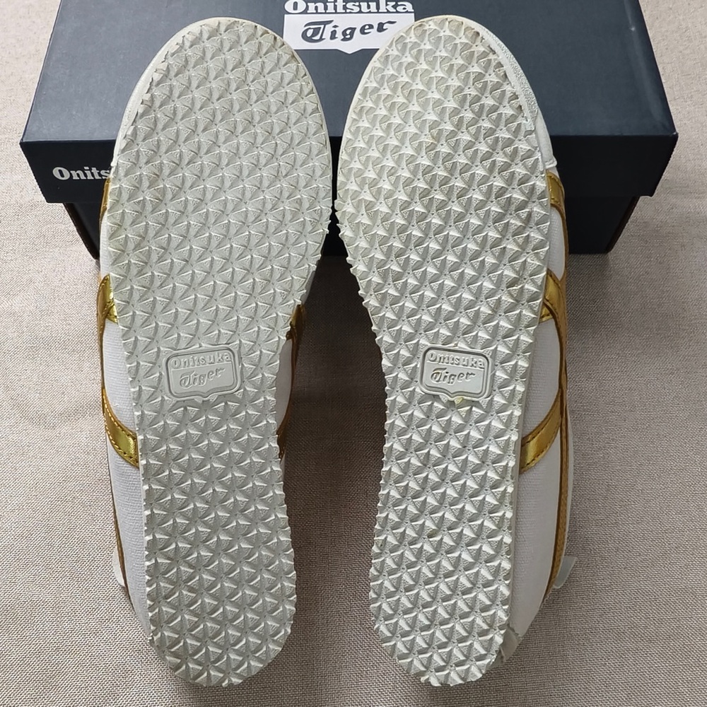 Onitsuka Tiger by Asics Women's White Sneakers with Metallic Gold Stripes - Picture 7 of 12